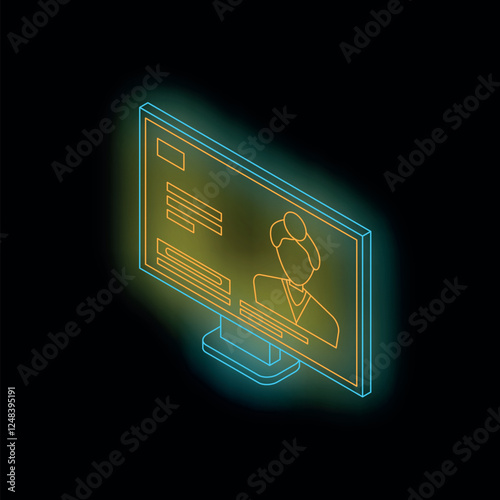 Neon doctor profile glowing on computer screen displaying medical information, representing online healthcare and telemedicine services