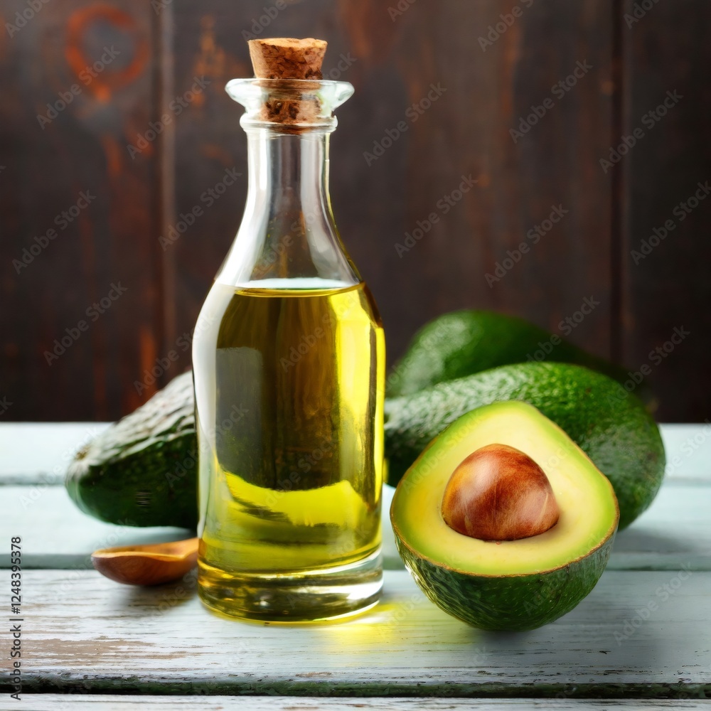 Fresh avocado oil and whole avocados displayed