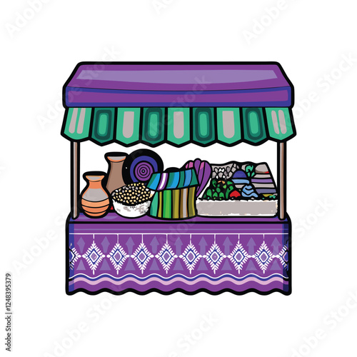 Vibrant market stall overflowing with diverse, handcrafted goods; showcasing unique cultural items and local artisan products.