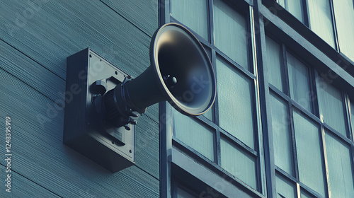 a large black loudspeaker mounted on the exterior wall of a building with large windows. The loudspeaker is directed outward, likely for public announcements or alarms.