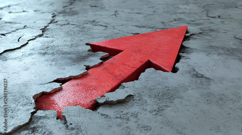 A large red arrow is embedded in cracked grey concrete, pointing upwards. It symbolizes overcoming obstacles and upward progress.