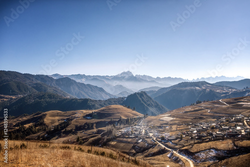 snow mountains and a small village
