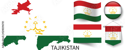 The different designs of Tajikistan's national flags and the map showing Tajikistan's borders