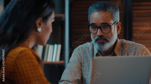 two people sitting across from each other at a table, with a laptop in front of one person. The background includes a bookshelf.