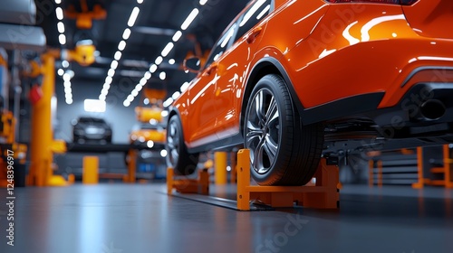 mechanics repair  vehicle adjustment concept. Orange car in a modern automotive repair shop. photo