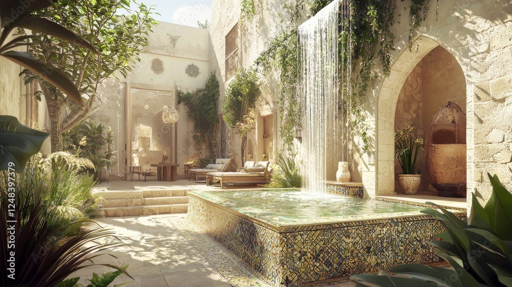 Fototapeta premium A Mediterranean-style courtyard with an ornate tiled fountain, cascading water into a decorative stone basin. --chaos 20 --ar 16:9 --quality 2 --v 6.1 Job ID: 862d87e3-d2fa-4495-8c0b-b1130f1adc58