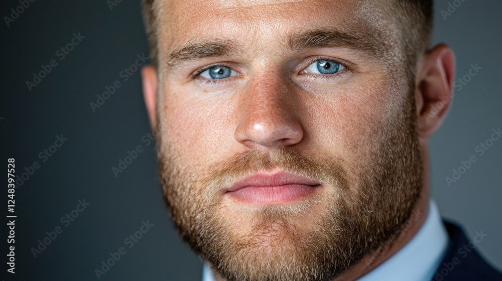Obraz premium Close up portrait of a confident middle aged professional man with a beard wearing a suit and tie posing in a studio setting with a grey background The image conveys a sense of authority leadership