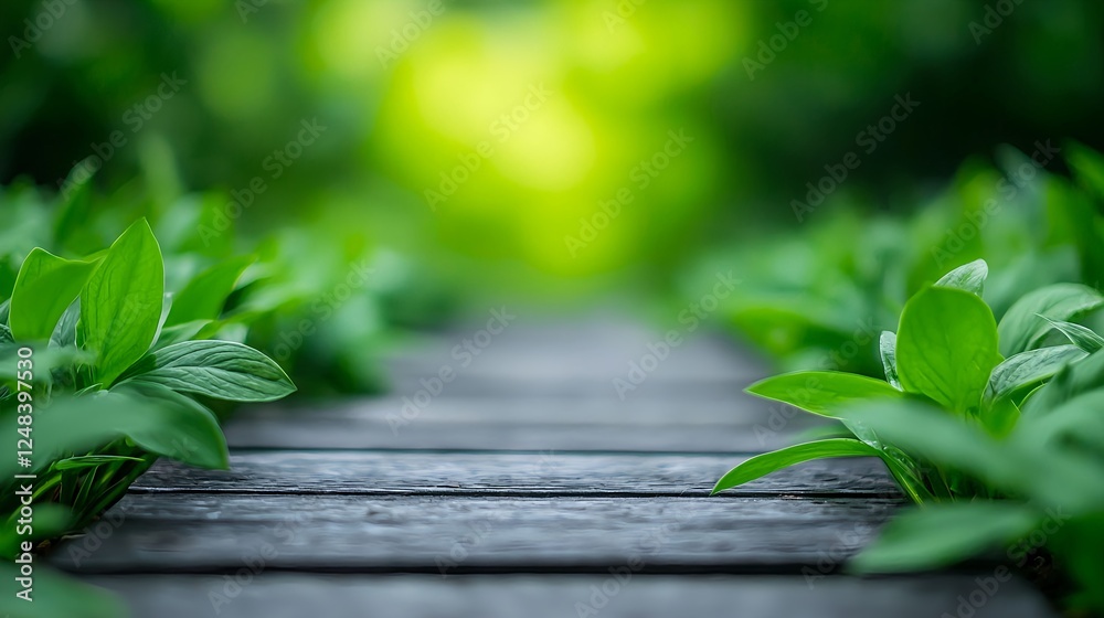Wooden Path Through Lush Green Foliage Wooden Path Through Lush Green Foliage