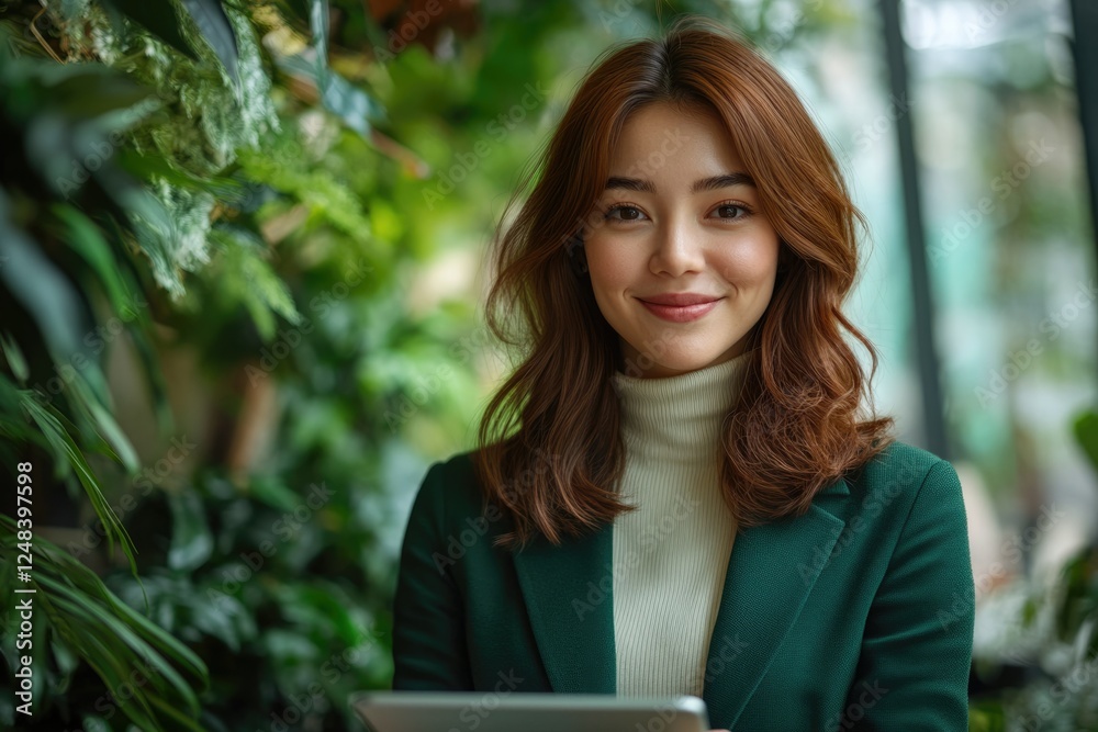 A young woman with auburn hair smiles confidently while using a tablet, surrounded by lush green plants. A young woman with auburn hair smiles confidently while using a tablet, surrounded by lush green plants.