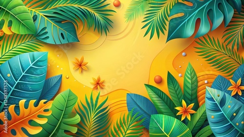 Vibrant Tropical Paradise Lush Foliage and Sunny Yellow Abstract Background Featuring Exotic Leaf Designs and Floral Accents
