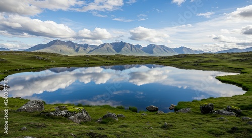 Serene mountain landscape reflecting in a calm lake under a blue sky with fluffy clouds.