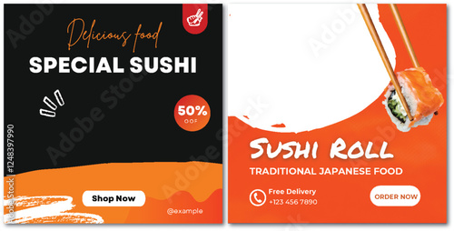 Enticing sushi advertisement with special offers and traditional rolls