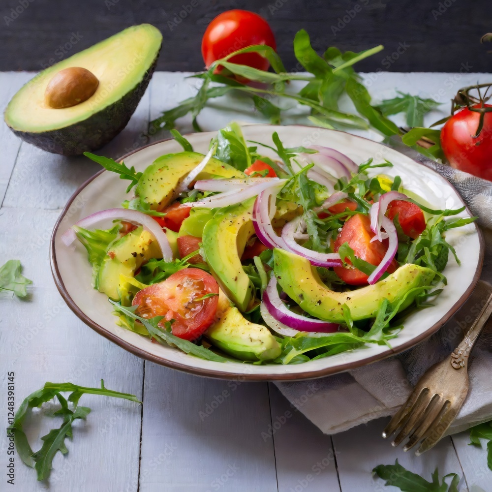 Fresh avocado and tomato salad with arugula Fresh avocado and tomato salad with arugula