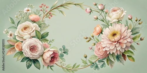 Elegant floral wreath with pastel roses, dahlias, and delicate greenery, perfect for invitations or decorative purposes