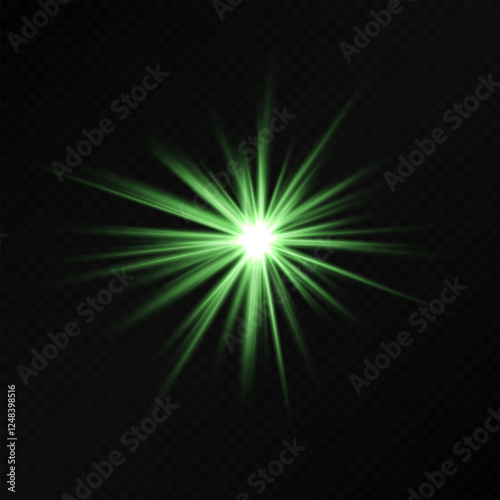 Glowing green starburst light effect on a dark background. Radiating beams create a luminous flare, symbolizing energy, illumination, and futuristic design. Sci-fi, digital effects, abstract themes