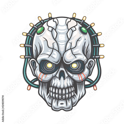 A decaying neon-green cybernetic zombie, wires and exposed circuitry protruding from its body, set against a dark, gritty cyberpunk backdrop.