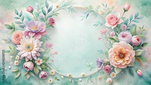 Pastel Floral Wreath Encircling a Mint Green Background, Featuring Delicate Blooms and Lush Greenery, Ideal for Elegant Designs and Decorative Purposes