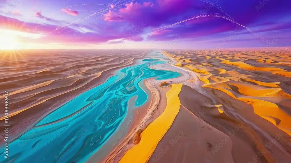 Colorful sunset over surreal desert dunes with vibrant sky and golden hour lighting new beautiful stock video footage animation AI