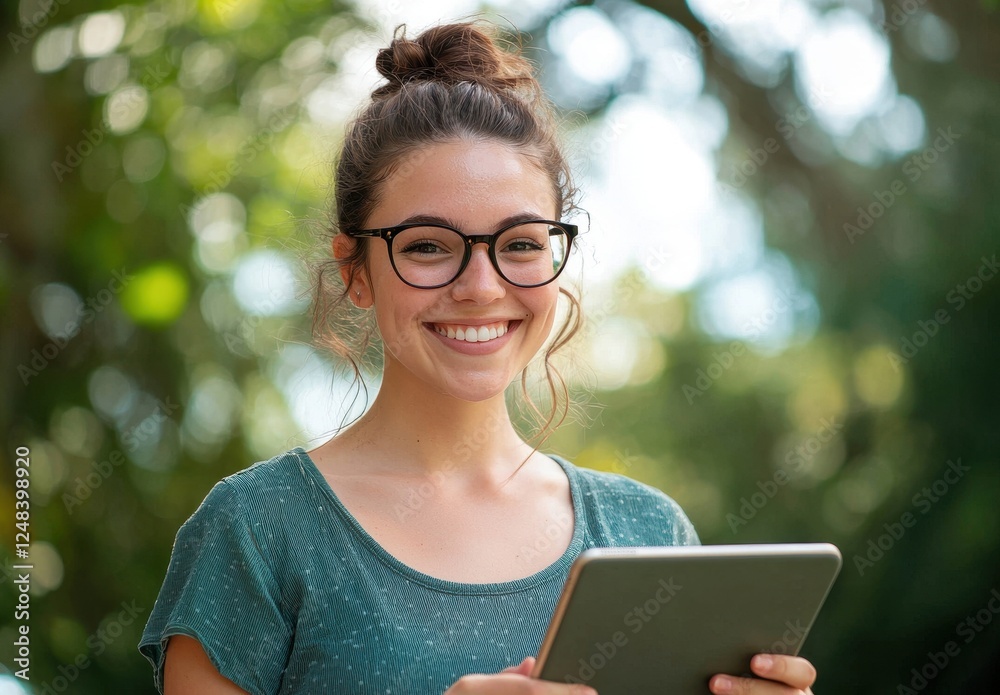 Fototapeta premium Young Woman with Glasses Smiling While Using Tablet Outdoors