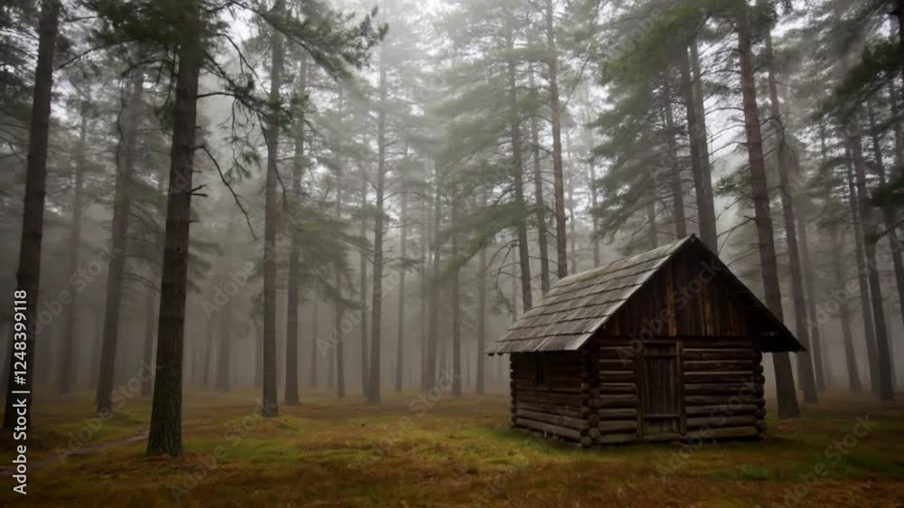 Misty Forest Cabin: Secluded Log House in Foggy Woods - Stock Photo Misty Forest Cabin: Secluded Log House in Foggy Woods - Stock Photo