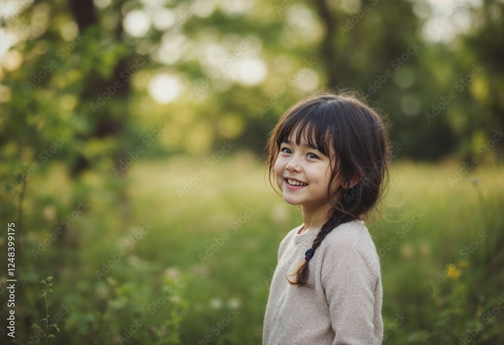happy little girl standing in the meadow happy little girl standing in the meadow