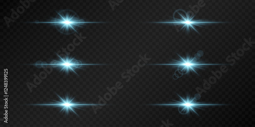 Set of glowing blue lens flares on a dark transparent background. Radiating light bursts with horizontal beams create a bright, futuristic effect. Sci-fi, digital effects, abstract design themes