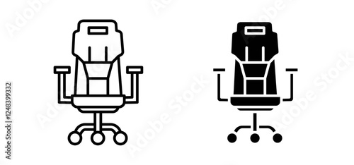 Gaming chair icons pack vectors in black flat and strokes