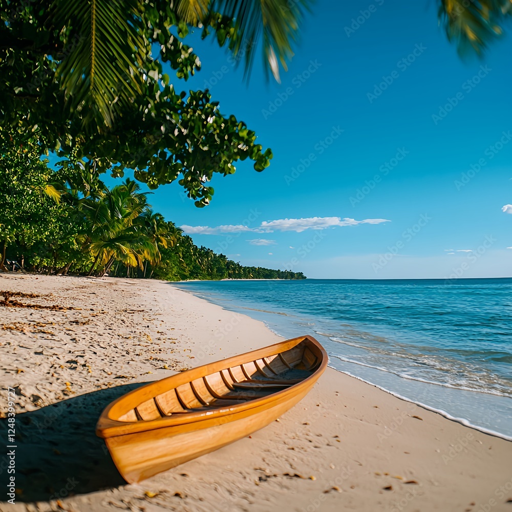 Wooden Rowboat on a Tropical Sandy Beach Under a Bright Wooden Rowboat on a Tropical Sandy Beach Under a Bright