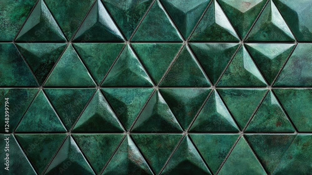 Obraz premium Geometric fluted triangle pattern in dark green mosaic tiles, offering a modern, textured look ideal for contemporary architectural backgrounds