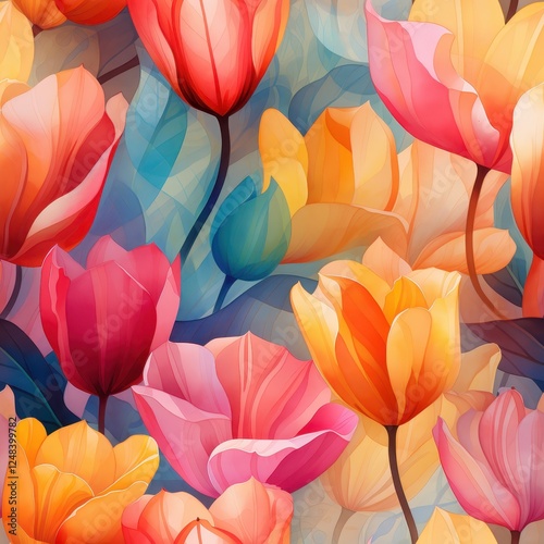 Wallpaper Mural A colorful flower pattern with pink, orange, and yellow flowers Torontodigital.ca