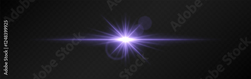 Bright purple lens flare with radiating beams on a dark transparent background. Horizontal glow effect symbolizes illumination, energy, and futuristic design. Sci-fi, digital effects, abstract themes