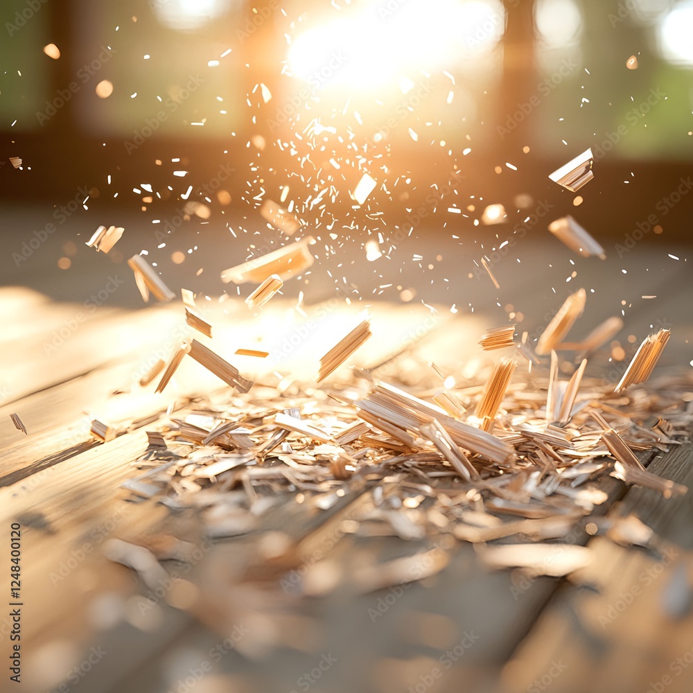 Wooden Shavings Exploding in Sunlight on a Wooden Surface