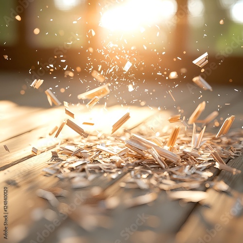 Obraz na płótnie Wooden Shavings Exploding in Sunlight on a Wooden Surface w salonie