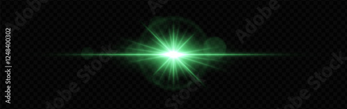 Bright green lens flare with radiating beams and light rings on a dark transparent background. Horizontal glow effect symbolizes illumination, energy, and futuristic design