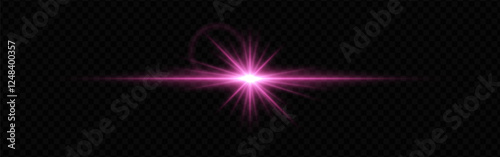 Bright pink lens flare with radiating beams and light rings on a dark transparent background. Horizontal glow effect symbolizes illumination, energy, and futuristic design