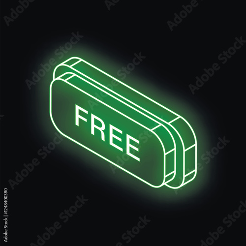 Isometric view of a green neon sign displaying the word free against a dark backdrop