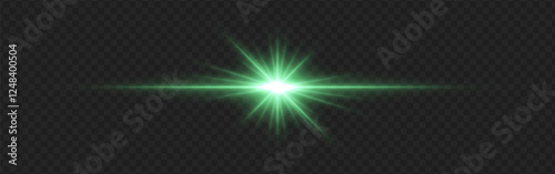 Bright green lens flare with radiating beams and light rings on a dark transparent background. Horizontal glow effect symbolizes illumination, energy, and futuristic design