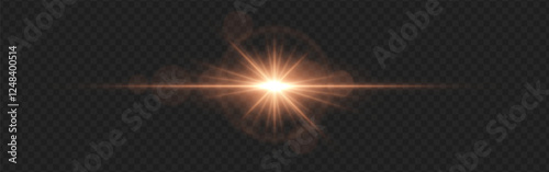 Warm golden lens flare with radiant beams and circular light reflections on a dark transparent background. Horizontal glow effect symbolizes illumination, energy, and cinematic lighting