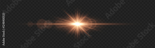 Warm golden lens flare with radiant beams and circular light reflections on a dark transparent background. Horizontal glow effect symbolizes illumination, energy, and cinematic lighting