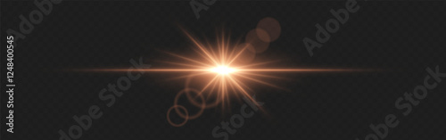 Warm golden lens flare with radiant beams and circular light reflections on a dark transparent background. Horizontal glow effect symbolizes illumination, energy, and cinematic lighting