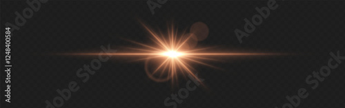 Warm golden lens flare with radiant beams and circular light reflections on a dark transparent background. Horizontal glow effect symbolizes illumination, energy, and cinematic lighting