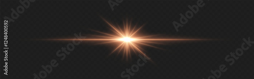 Warm golden lens flare with radiant beams and circular light reflections on a dark transparent background. Horizontal glow effect symbolizes illumination, energy, and cinematic lighting