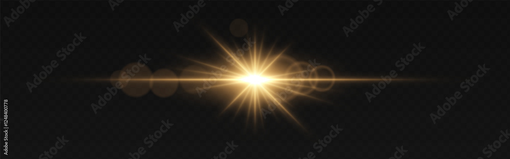 Golden light flare with radiant beams and soft circular reflections on a dark transparent background. Horizontal glow effect represents illumination, energy, and cinematic lighting. Sci-fi visuals Golden light flare with radiant beams and soft circular reflections on a dark transparent background. Horizontal glow effect represents illumination, energy, and cinematic lighting. Sci-fi visuals