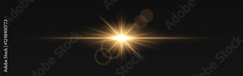 Golden light flare with radiant beams and soft circular reflections on a dark transparent background. Horizontal glow effect represents illumination, energy, and cinematic lighting. Sci-fi visuals