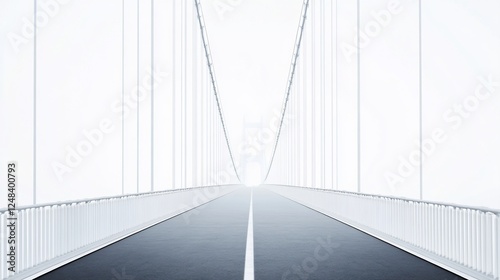 A minimalist photograph of a bridge disappearing into a white background with clean lines and a gray road surface