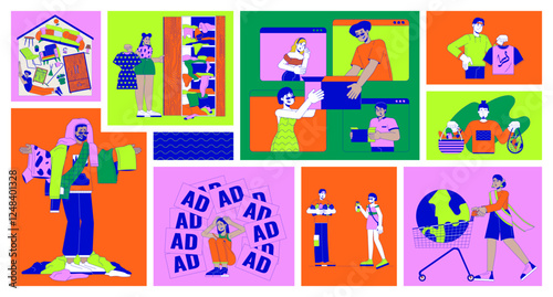 Overconsumption bento grid illustration set. Buying excessive goods 2D vector image collage design graphics collection. Multiethnic people addicted of consumerism flat characters moodboard layout