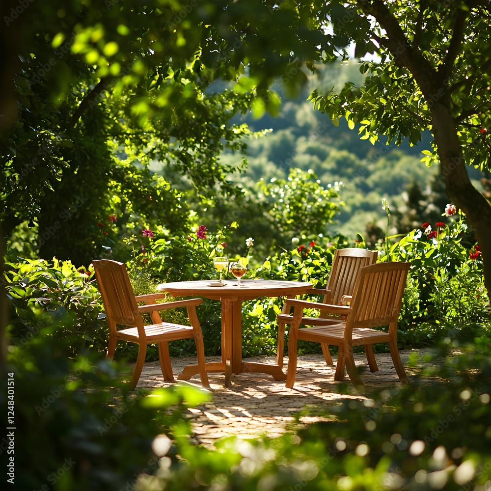 Obraz premium Wooden Table and Chairs on a Sunny Patio in a Lush Green