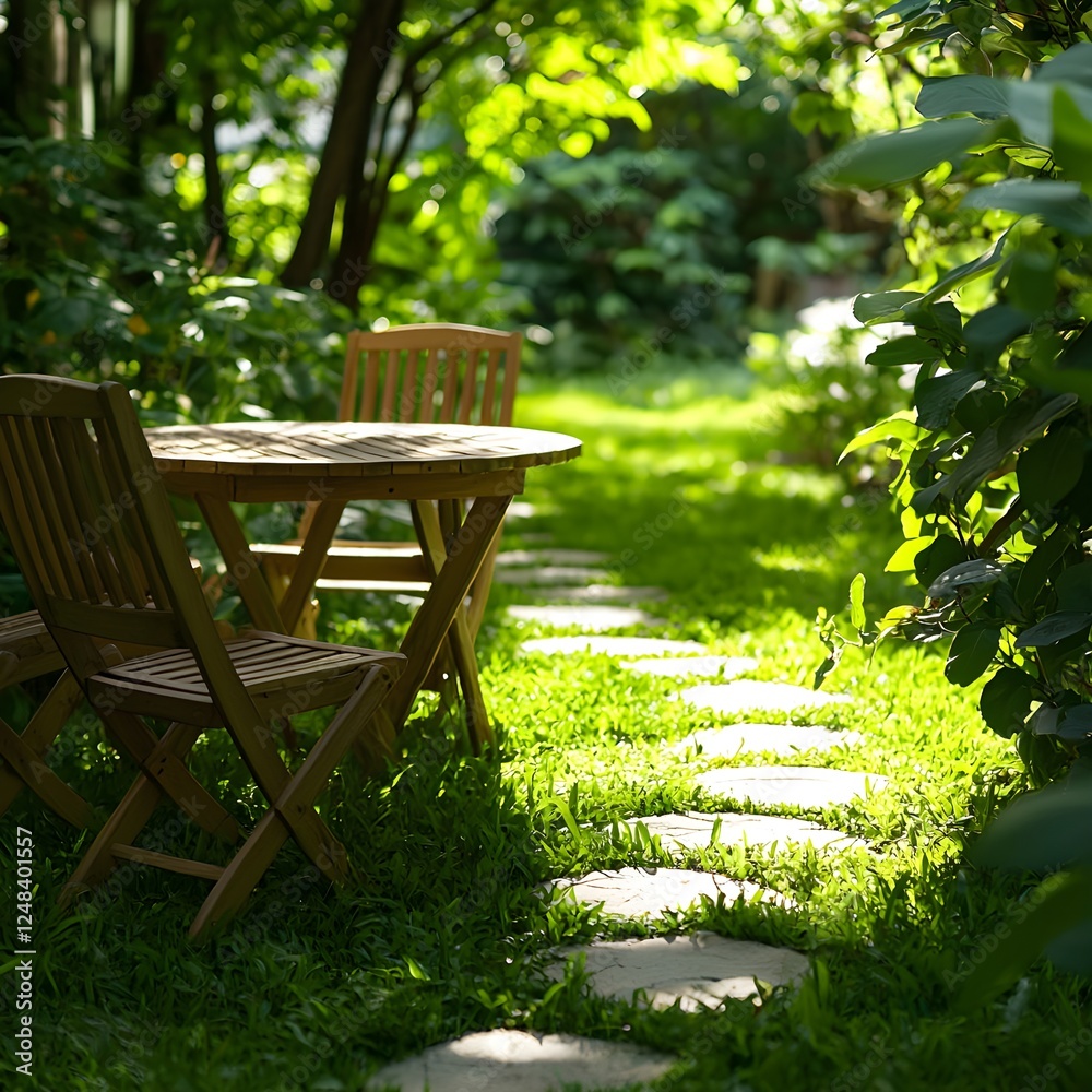 Wooden Table and Chairs in a Sunny Garden Path Wooden Table and Chairs in a Sunny Garden Path