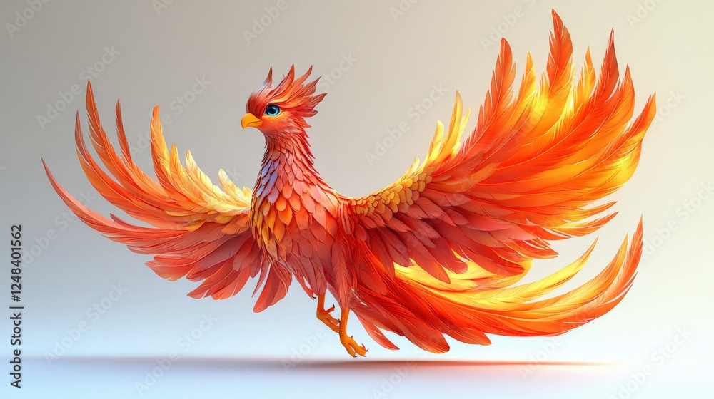 Obraz premium A 3D cartoon phoenix with fiery feathers and a proud posture, soaring on a white background