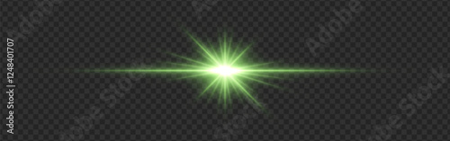 Green light flare with a bright glow and lens reflections on a transparent dark background. Radiating beams and a horizontal streak create a futuristic illumination effect